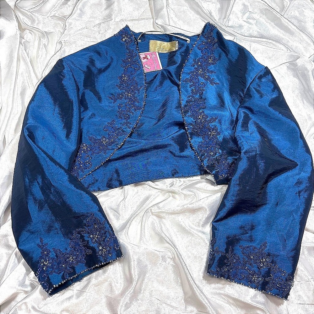 Vintage Jade Couture Bolero Jacket Teal Blue Beaded Lace Embroidery